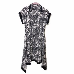Pell & Co Black White Floral Shirtdress Size 2 Cotton Shark Bite Scarf Hem